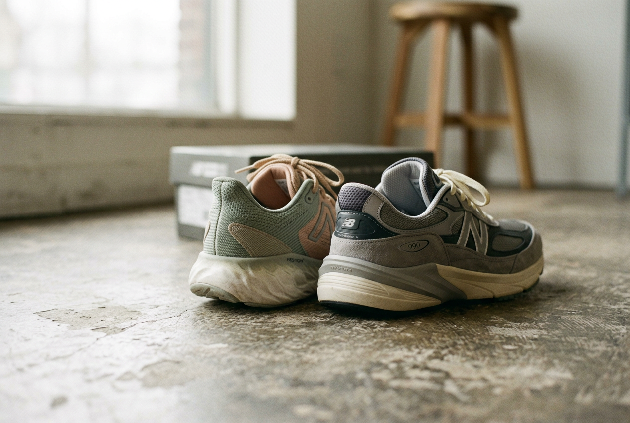 New Balance 1080v13 and 990v6 sneakers viewed from behind to compare heel width and midsole structure.