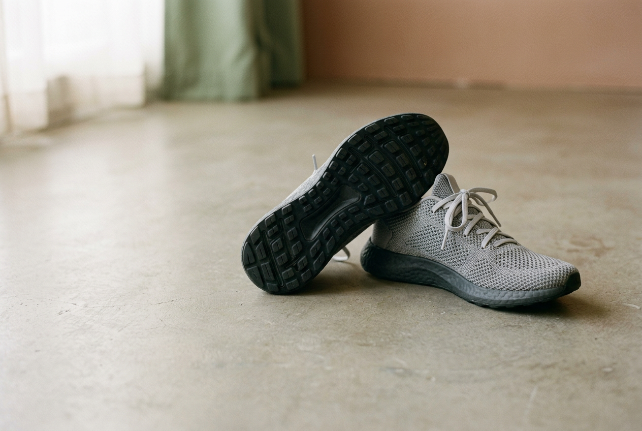 Gray mesh running-style sneakers on a hard store floor, one upright and one turned over to show the sole width.