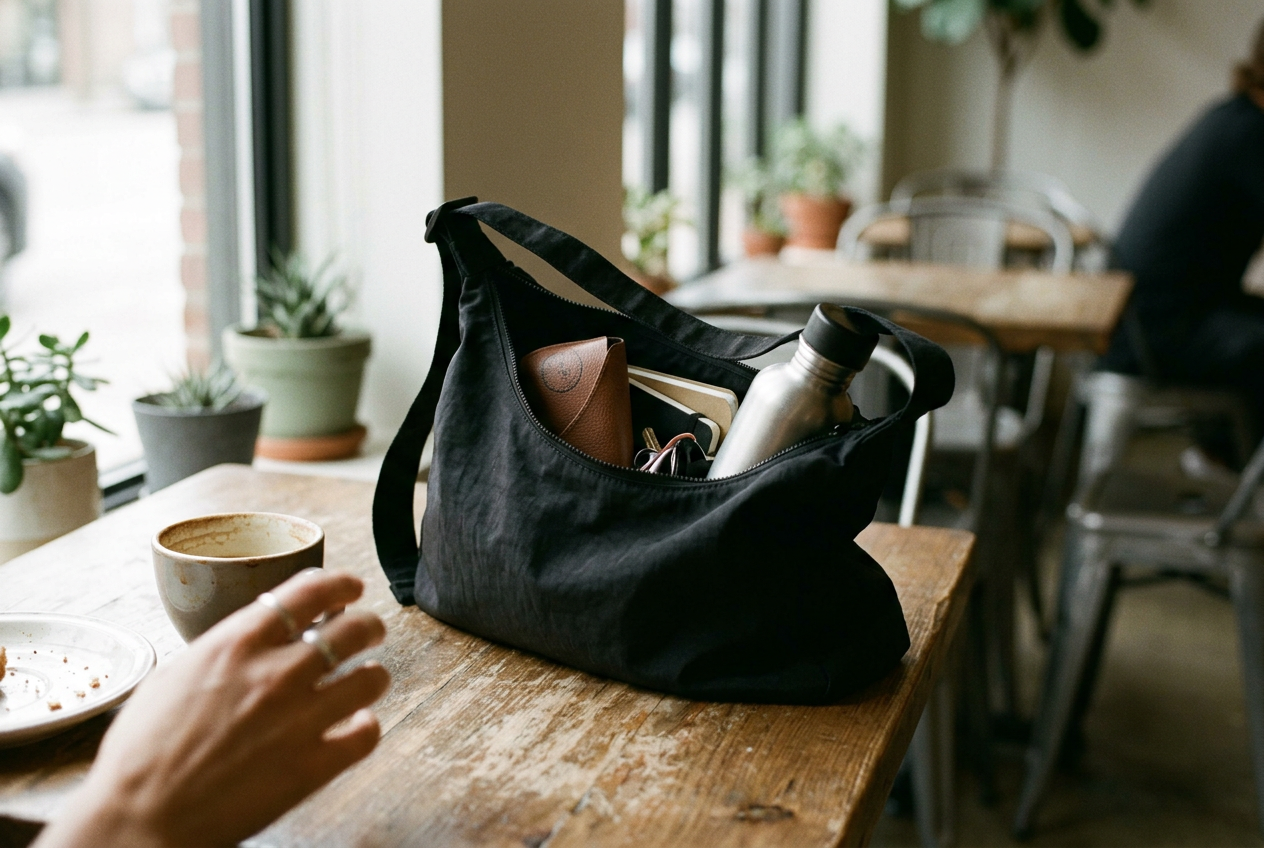 Black nylon shoulder bag open on a table with its zipper, interior pocket and unsupported base visible.