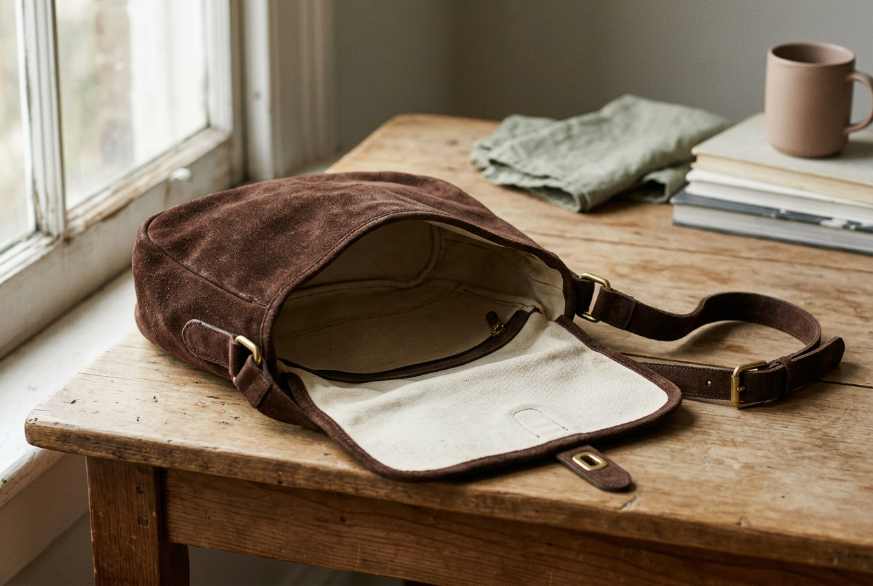 Chocolate suede shoulder bag open to show its oval leather base, cotton lining and long stitched strap tabs.