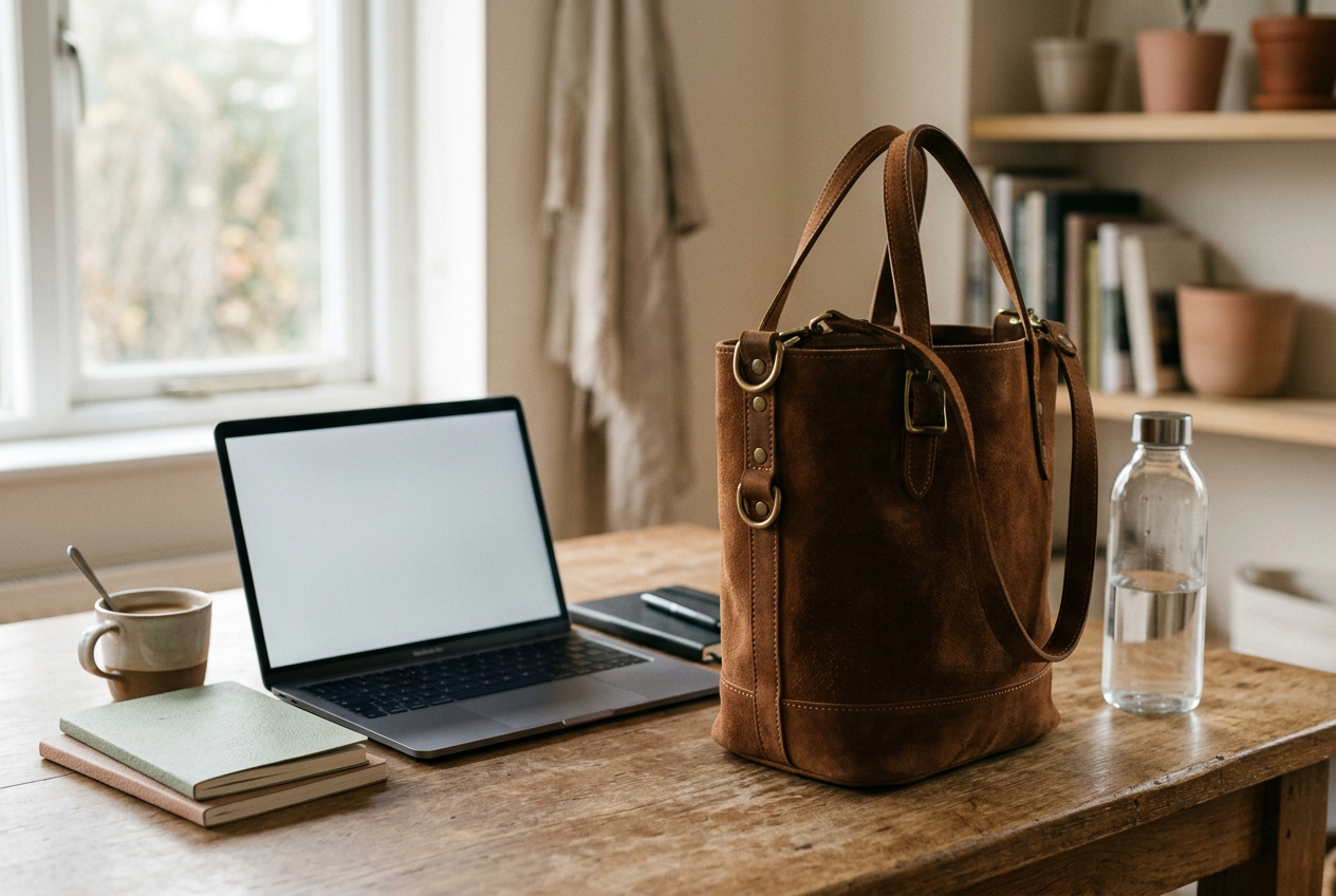 A brown suede bucket tote on a table with its broad base, lining and handle attachments visible.