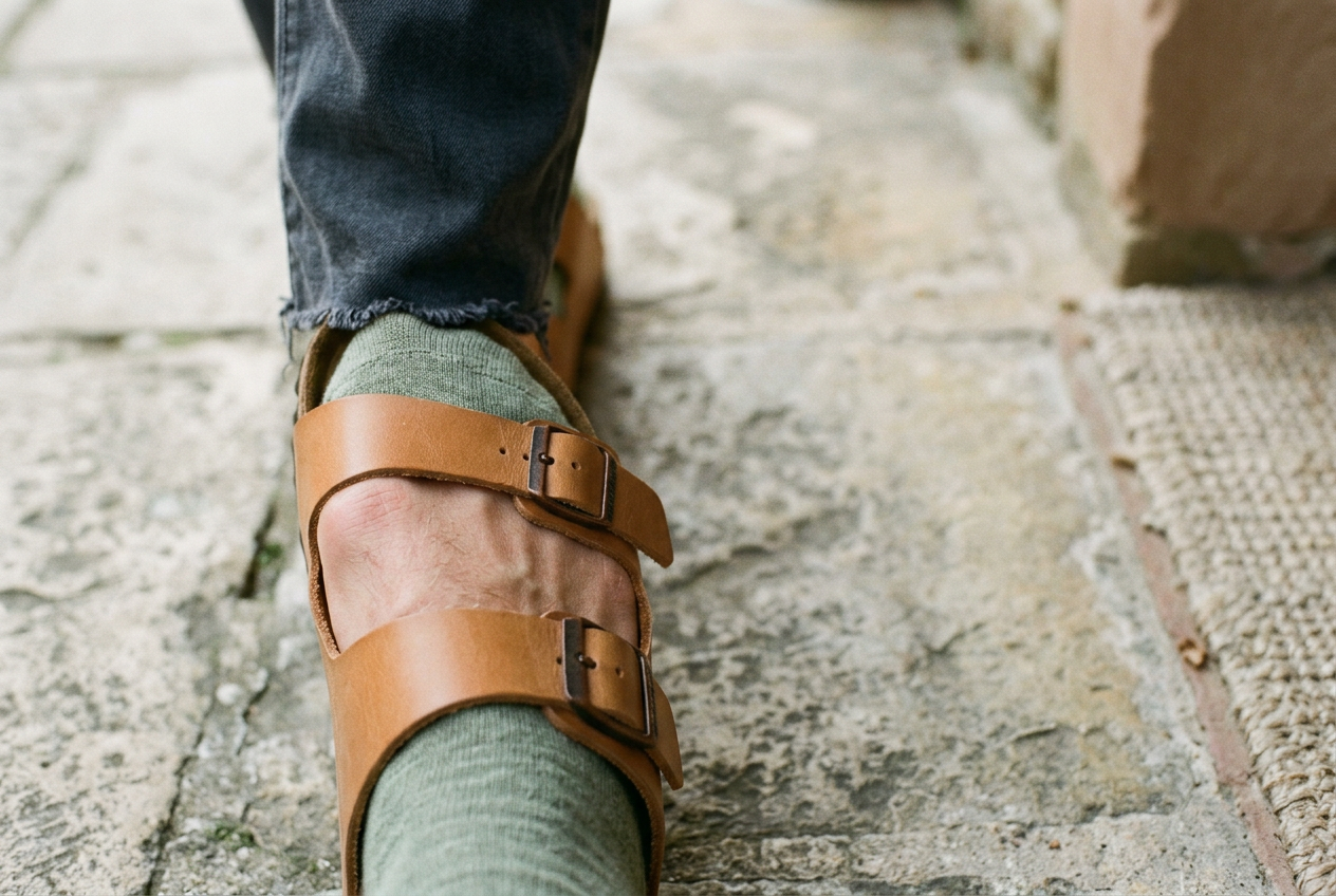 Close view of a tan leather sandal strap crossing the base joint of a big toe while the wearer stands.