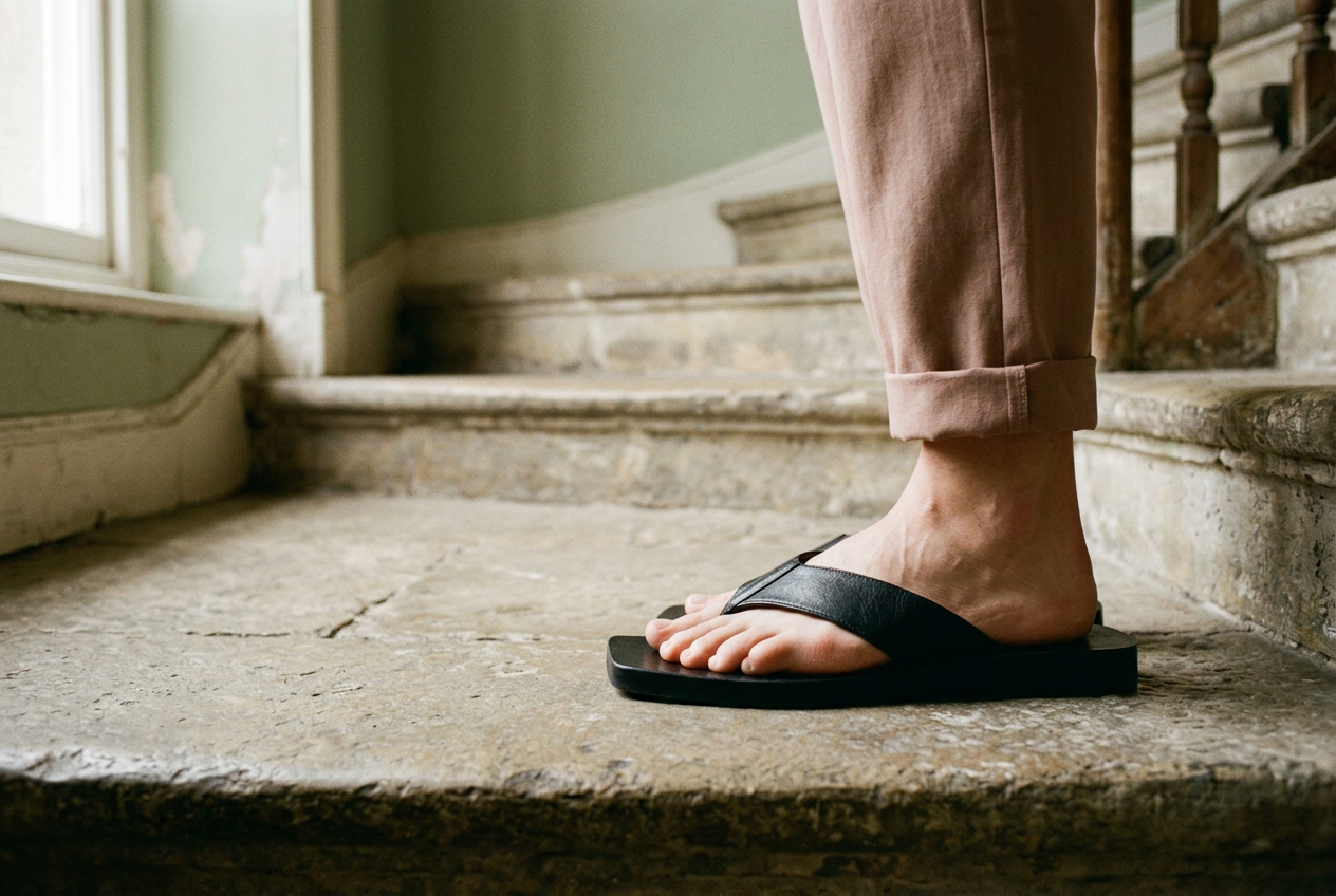 Black square-toe flip-flop on a bottom stair, showing the empty sole extending beyond the wearer's toes.