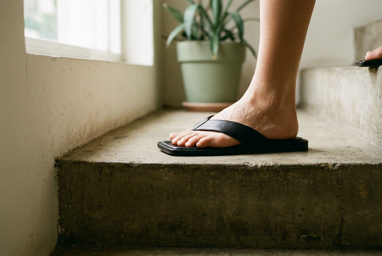 Black square toe flip-flop resting at a stair edge with the empty sole visible ahead of the toes.