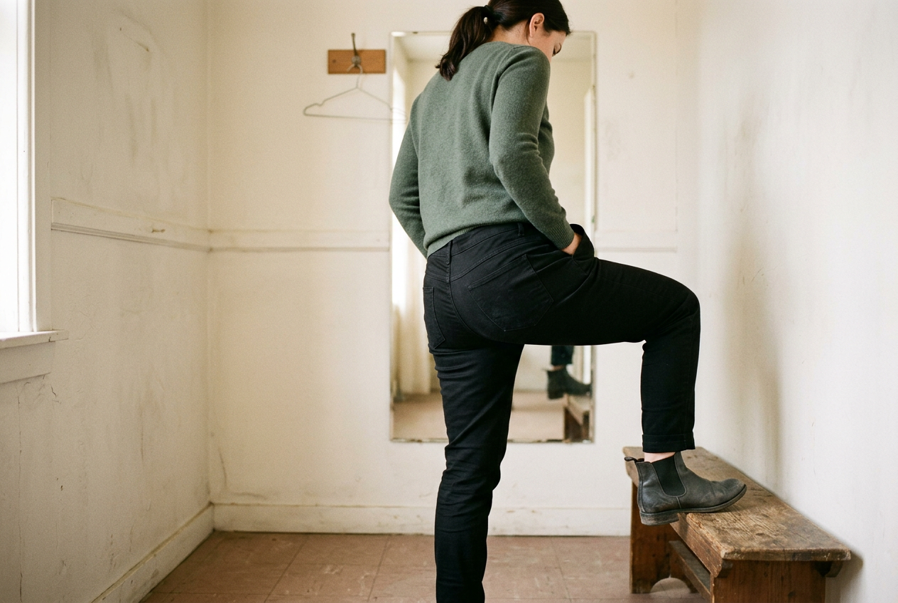 Black stretch trousers on a fitting-room bench with one slant pocket visibly lifting from the hip.