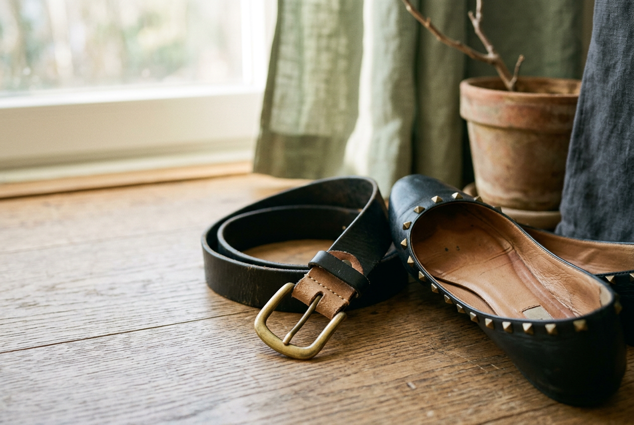 Close view of a black leather belt showing silver dome studs and folded metal prongs on the underside.