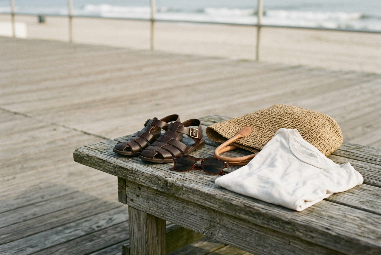 Flat leather fisherman sandals, sunglasses and a woven summer bag arranged on a weathered boardwalk bench