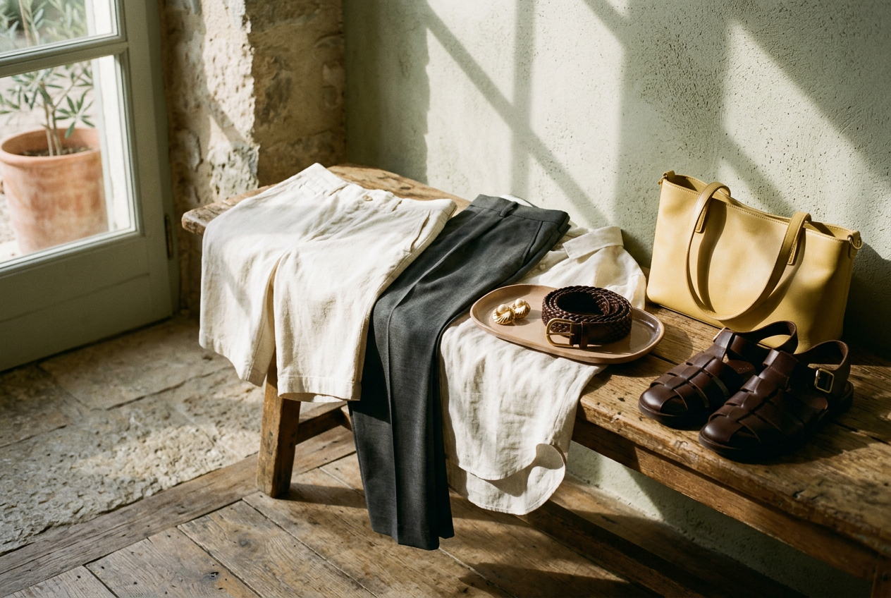 Summer clothes and accessories arranged in a sunlit entryway