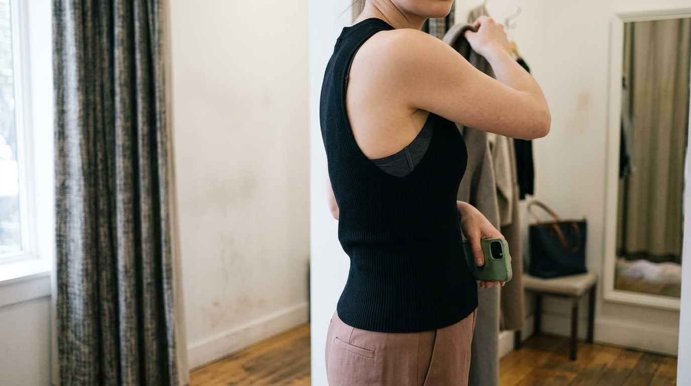 Close view of a black rib-knit sleeveless top showing the armhole edge beside a smooth-cup bra.