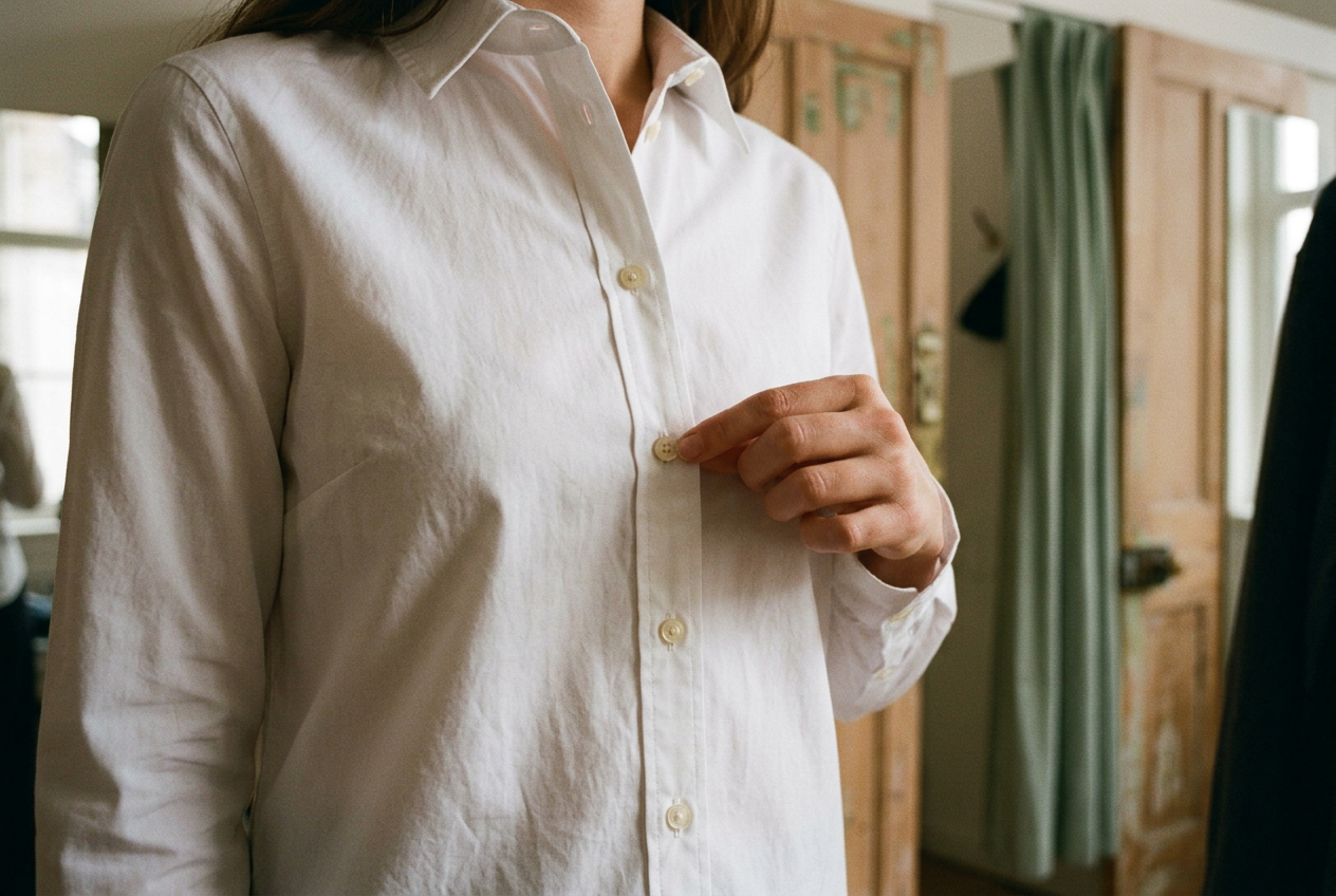 Close view of a white cotton shirt placket being checked for pulling at the bust in a fitting room.