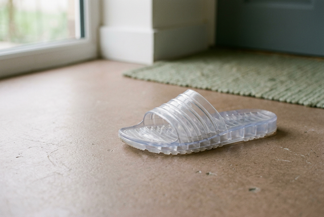 Clear PVC jelly slide beside pebbled and smooth footbed samples on warm concrete.