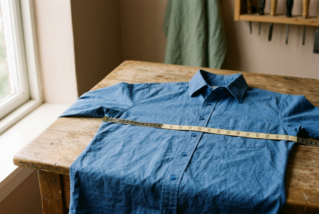 Measuring tape laid across the chest of a blue cotton poplin button-up shirt on a table.
