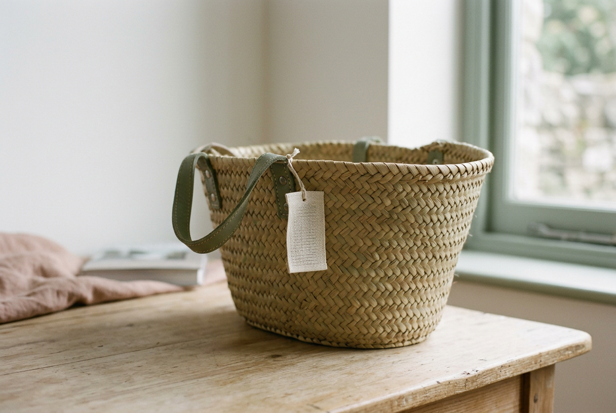Close view of a woven summer tote showing its composition label, bound rim and reinforced handle attachment.