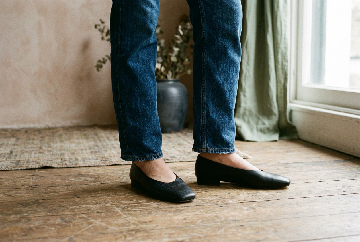 Black leather almond-toe ballet flat beside a blunt square-toe flat under straight-leg jeans.