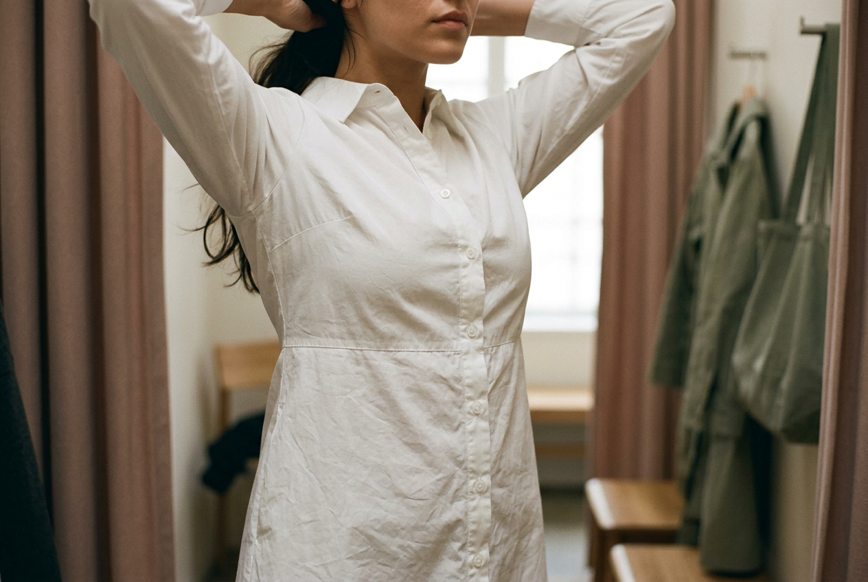 Close view of a cotton-poplin shirt dress rising at the waist as the wearer lifts both arms in a fitting room.