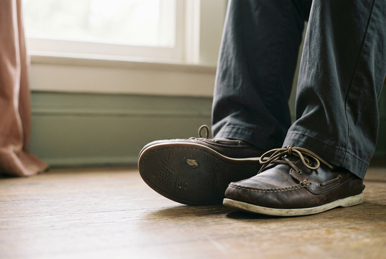 Brown leather boat shoes with flat siped rubber soles beside loose charcoal trousers.