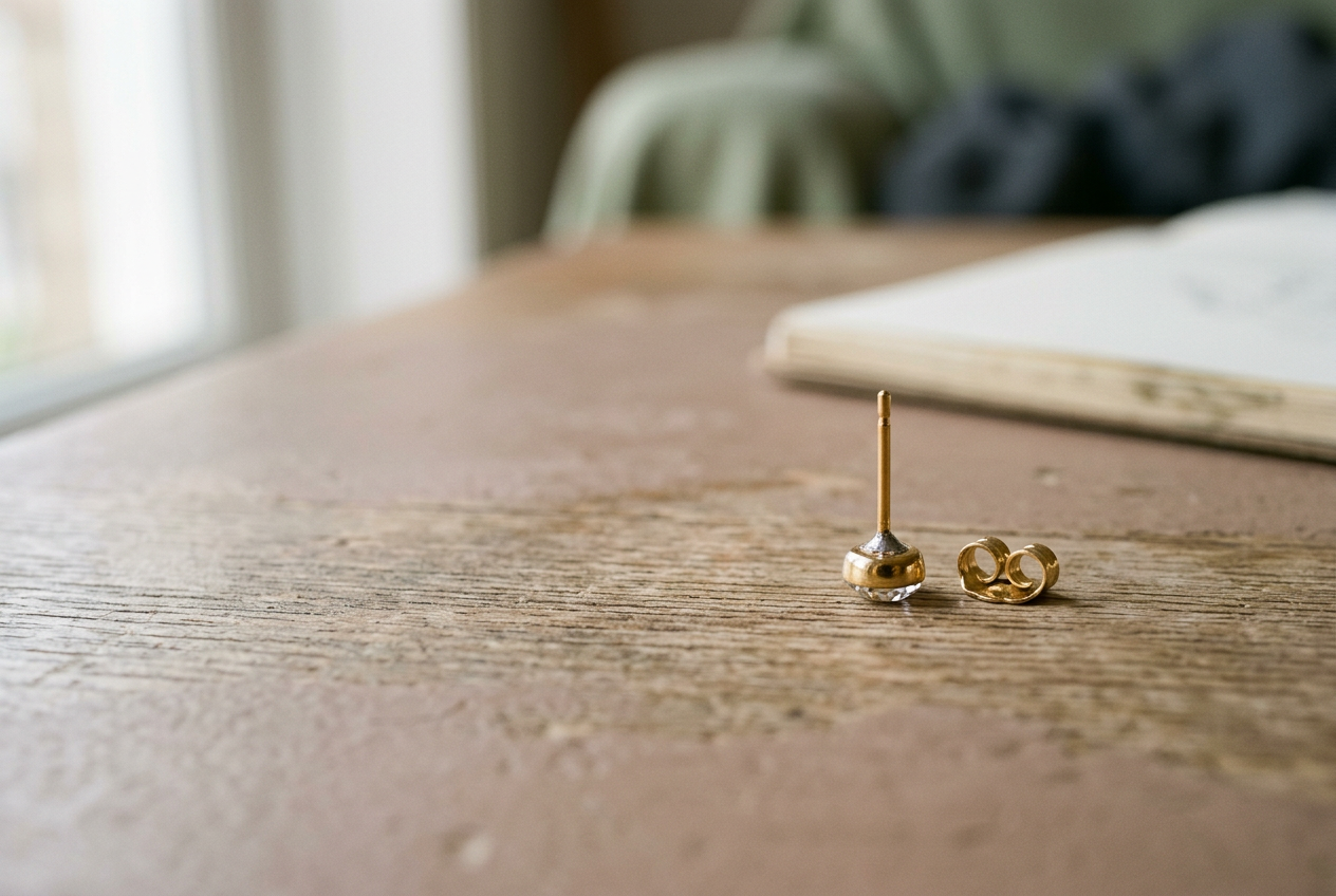 Close view of a gold-tone crystal stud separated into its post, setting and butterfly back on a plain surface.
