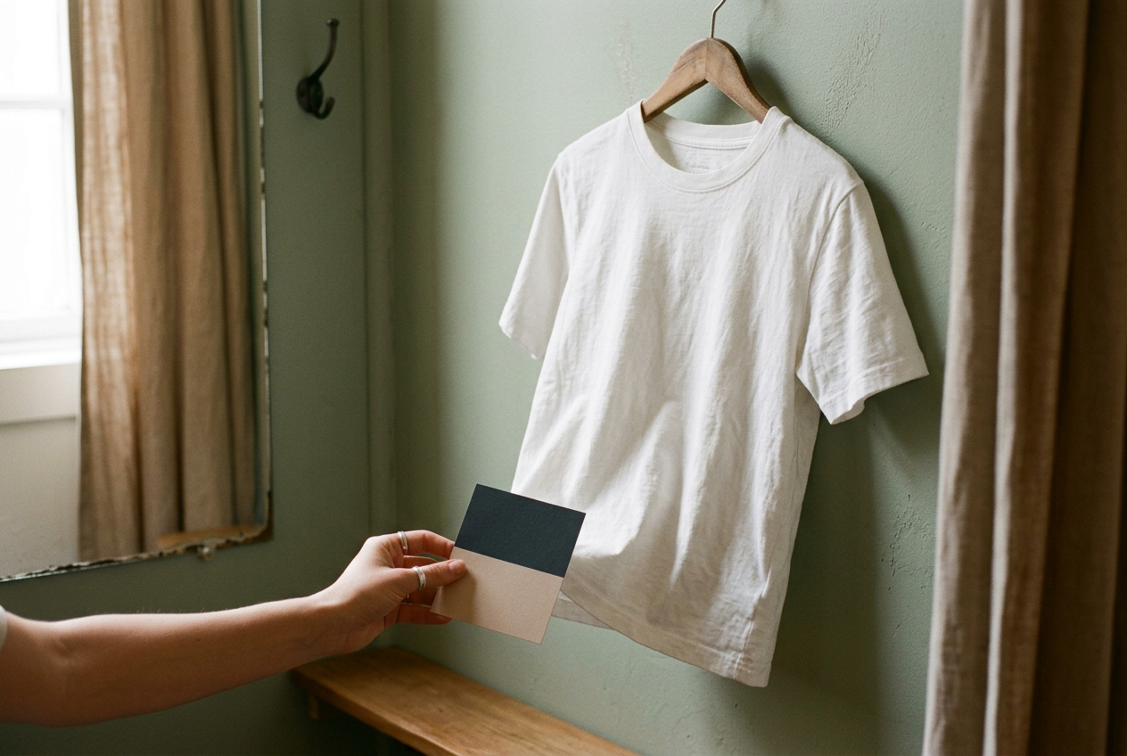 White cotton T-shirt held over a half-black, half-beige card beside fitting-room side lighting.