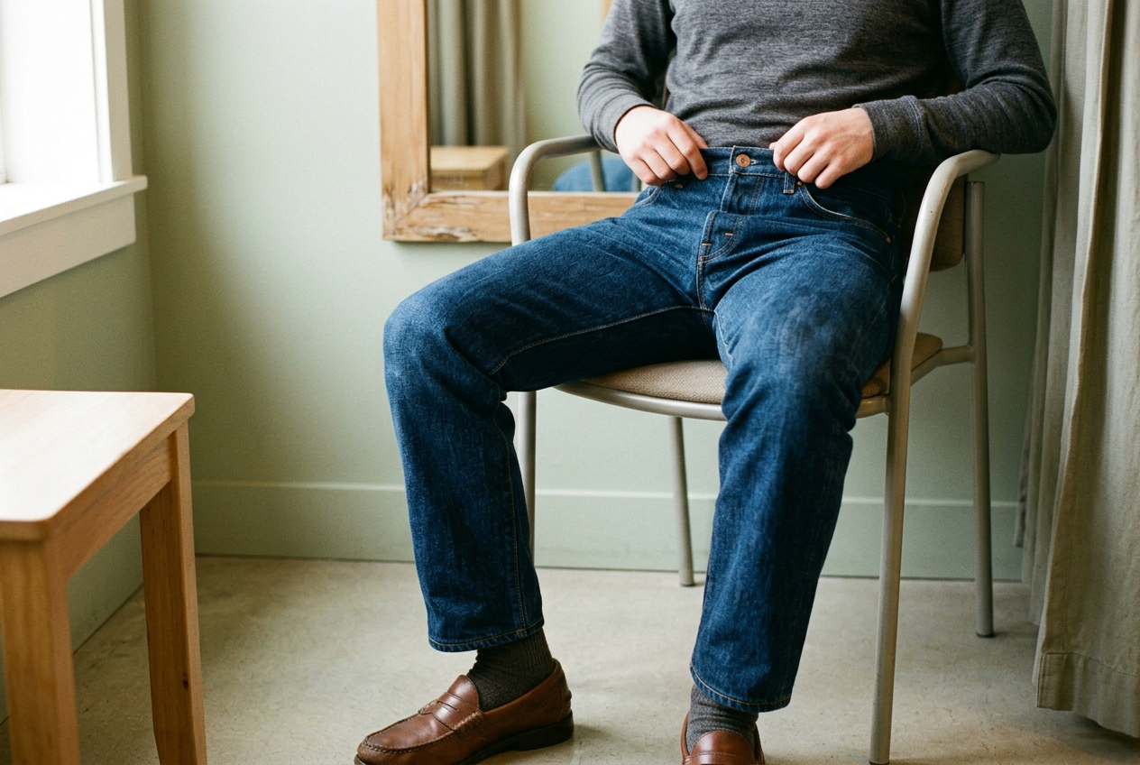 Seated view of straight-leg rigid jeans showing a folded front waistband and slightly gaping pockets.