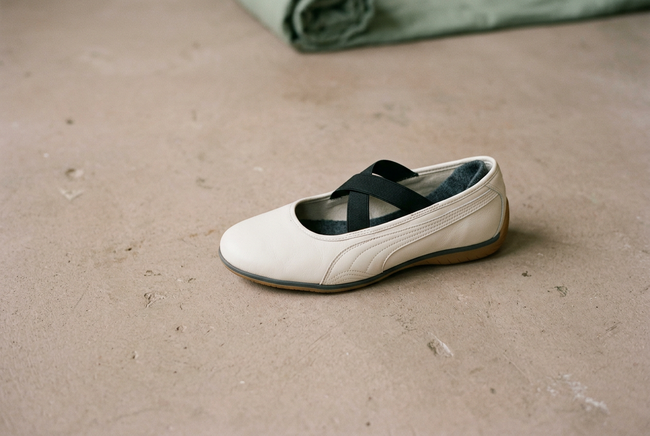 Close view of a Puma Speedcat Ballet showing crossed elastic straps, slim rubber sole and shallow heel.