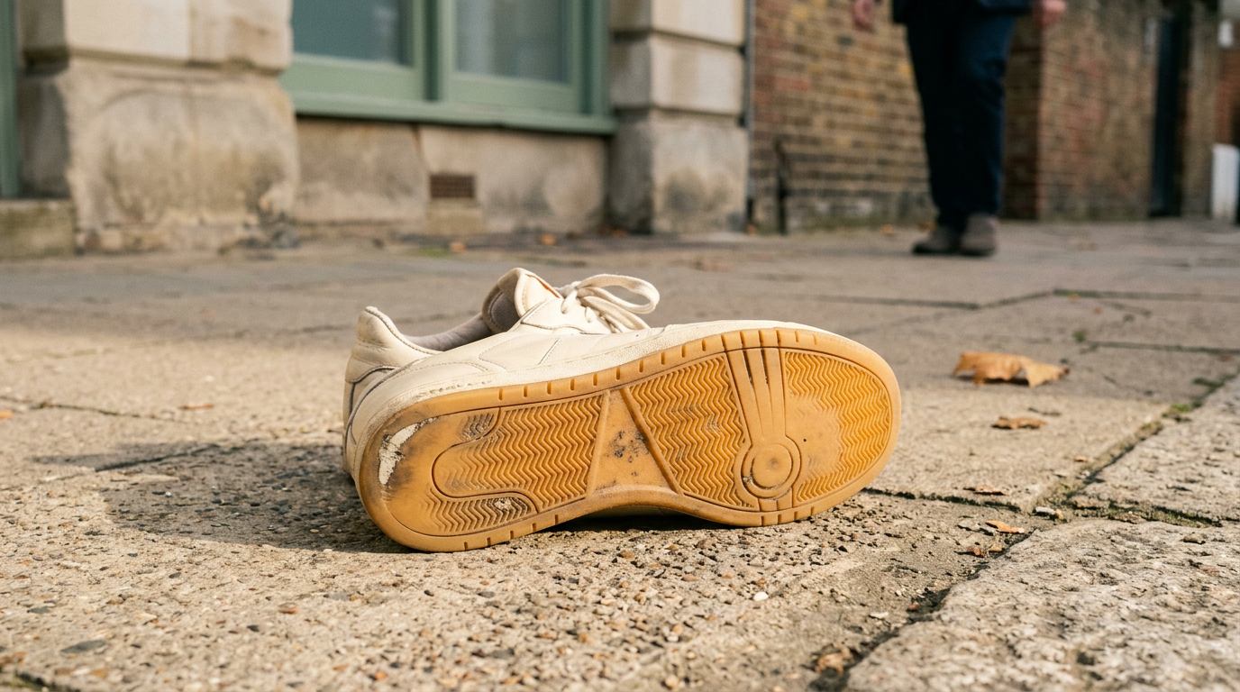 Cream court sneaker turned sole-up to show a honey-colored rubber tread against a sunlit concrete sidewalk.