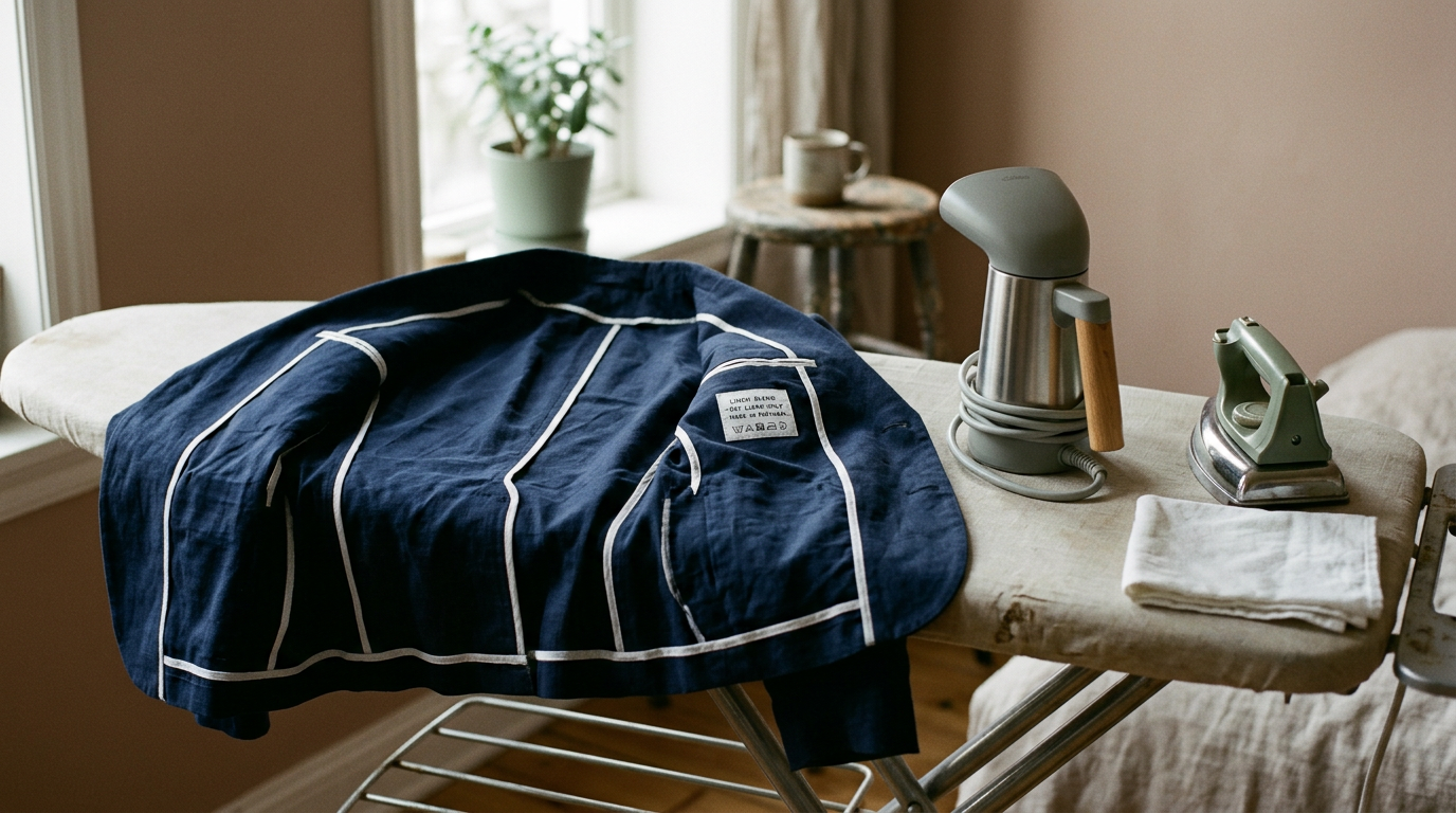 A navy linen-blend blazer beside a steamer, cool iron, pressing cloth, and visible care label.