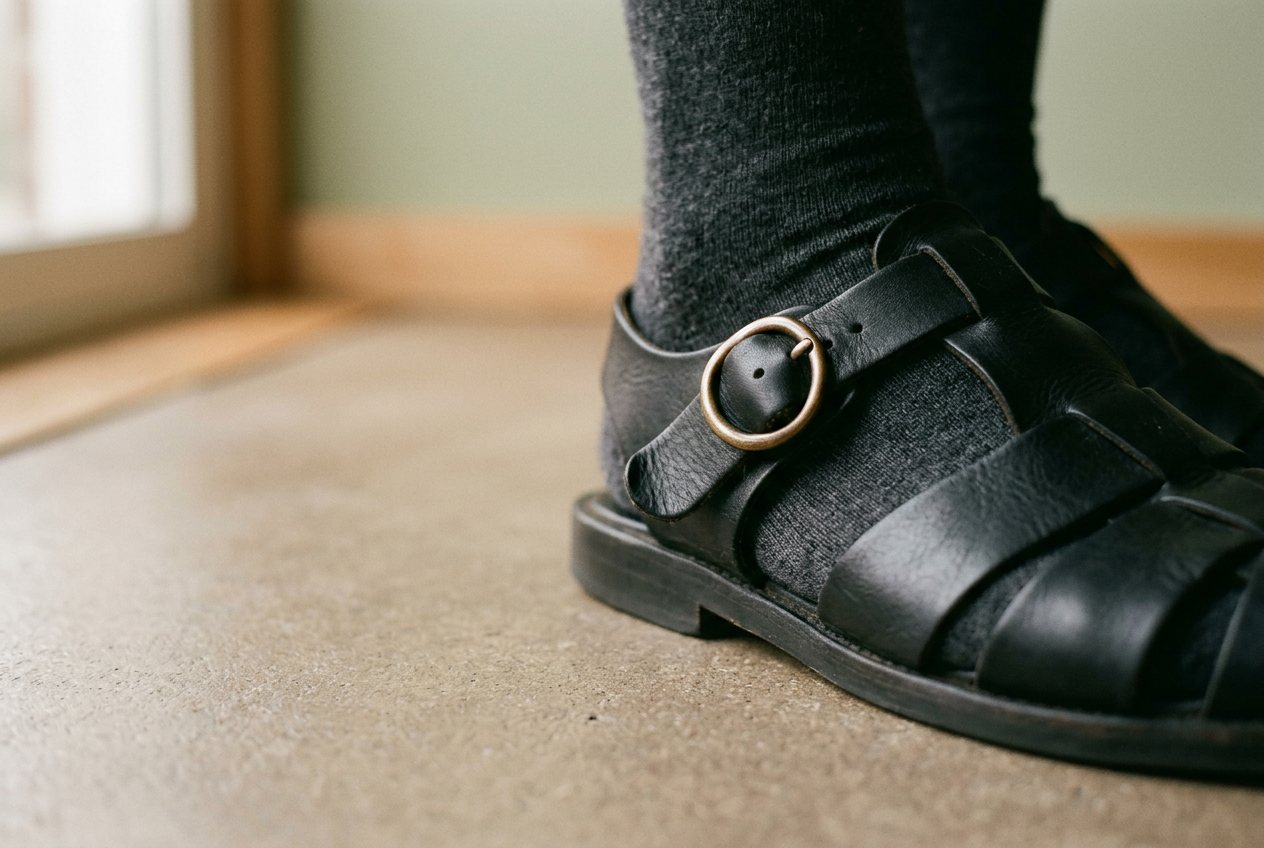 Close view of black fisherman sandals showing woven straps, buckle slots and the creased instep area.