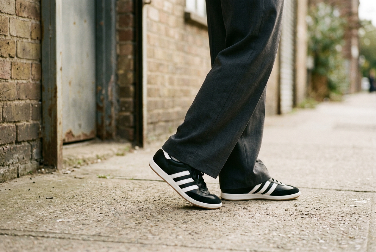 Black-and-white low-profile leather sneakers beneath wide charcoal trousers, photographed from sole height.
