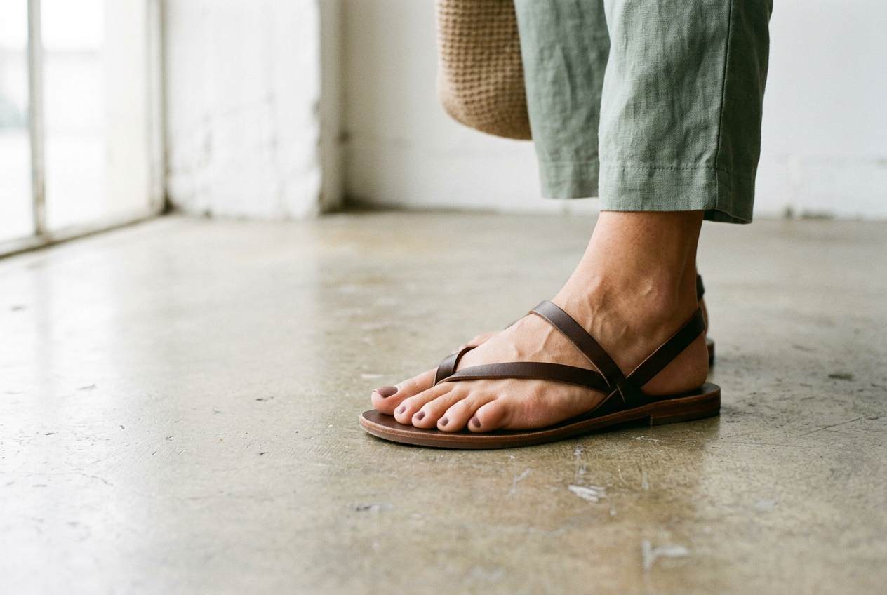 Close view of a leather thong sandal showing the fixed toe post, stitched instep straps, and foot position on the sole.