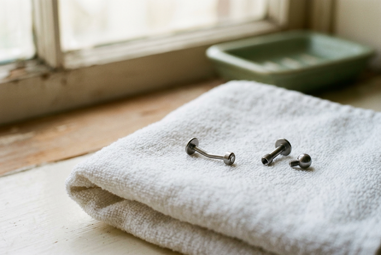 Two titanium flat back labrets on a white towel, one with a threadless pin and one with an internally threaded screw.