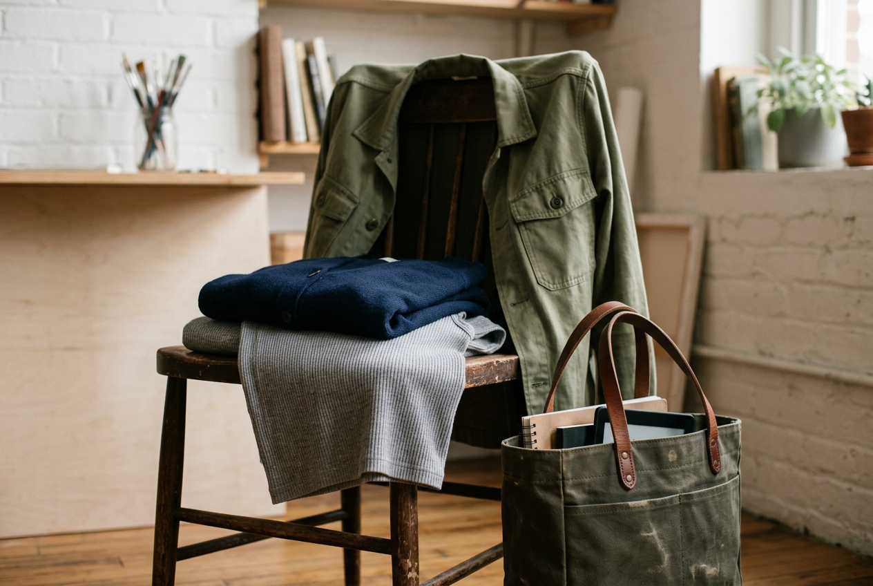 Gray ribbed tank, navy fine-knit cardigan, and olive overshirt arranged beside a work tote.