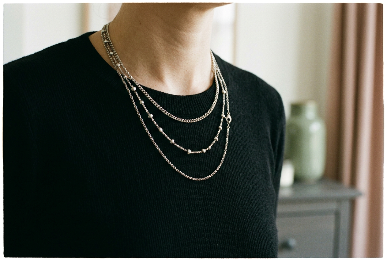 Three silver chains at 16-, 18- and 20-inch lengths layered over a plain black knit neckline.