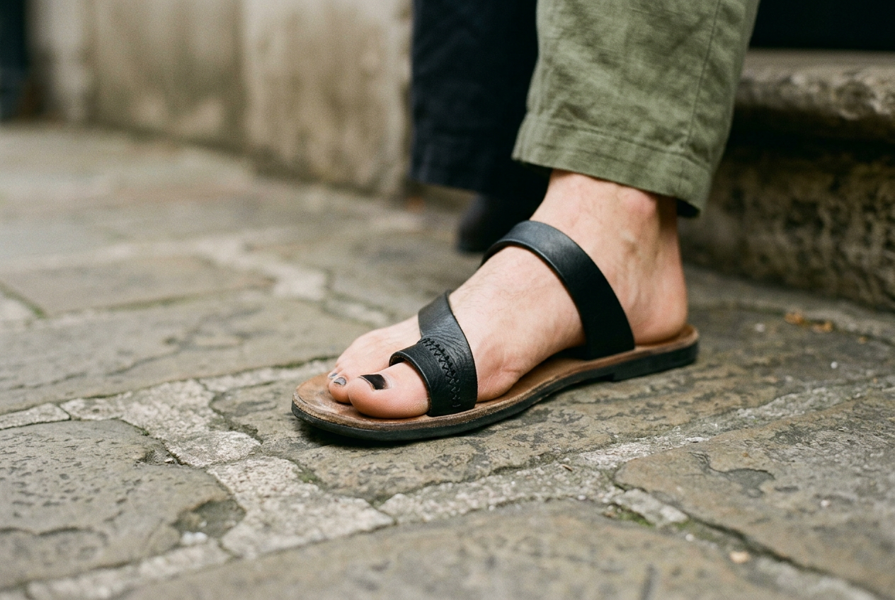 Close view of a black leather toe-ring sandal showing the loop seam and its position beside the big toe.