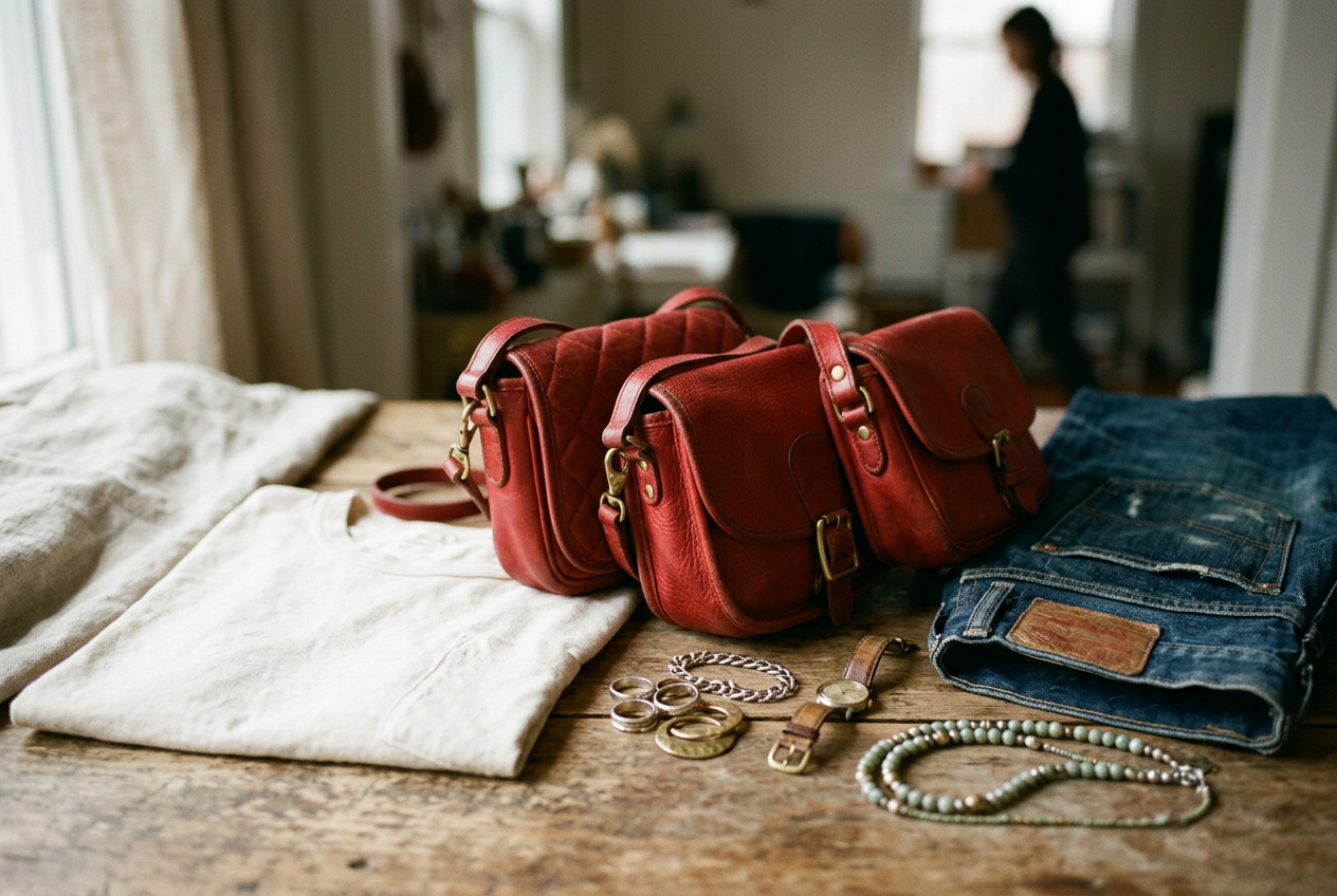 Tomato-red, cherry and oxblood leather bags beside light and dark denim with cream and gray fabric swatches.