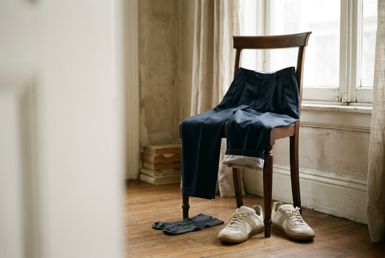 Navy tropical-wool trousers beside a knit polo, seersucker shirt, suede loafers and structured sneakers.