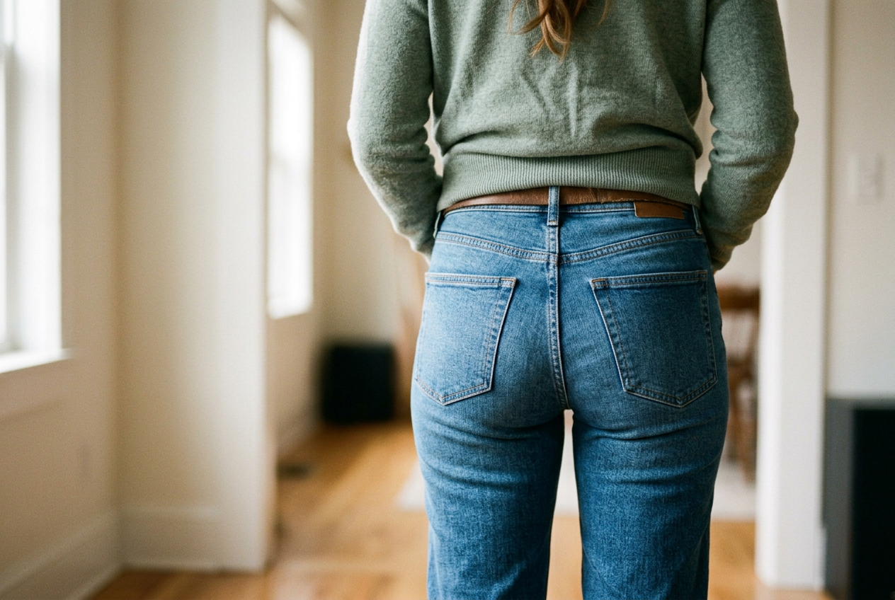 Close view of a jeans waistband standing away at the center back while the hips and back pockets fit smoothly.