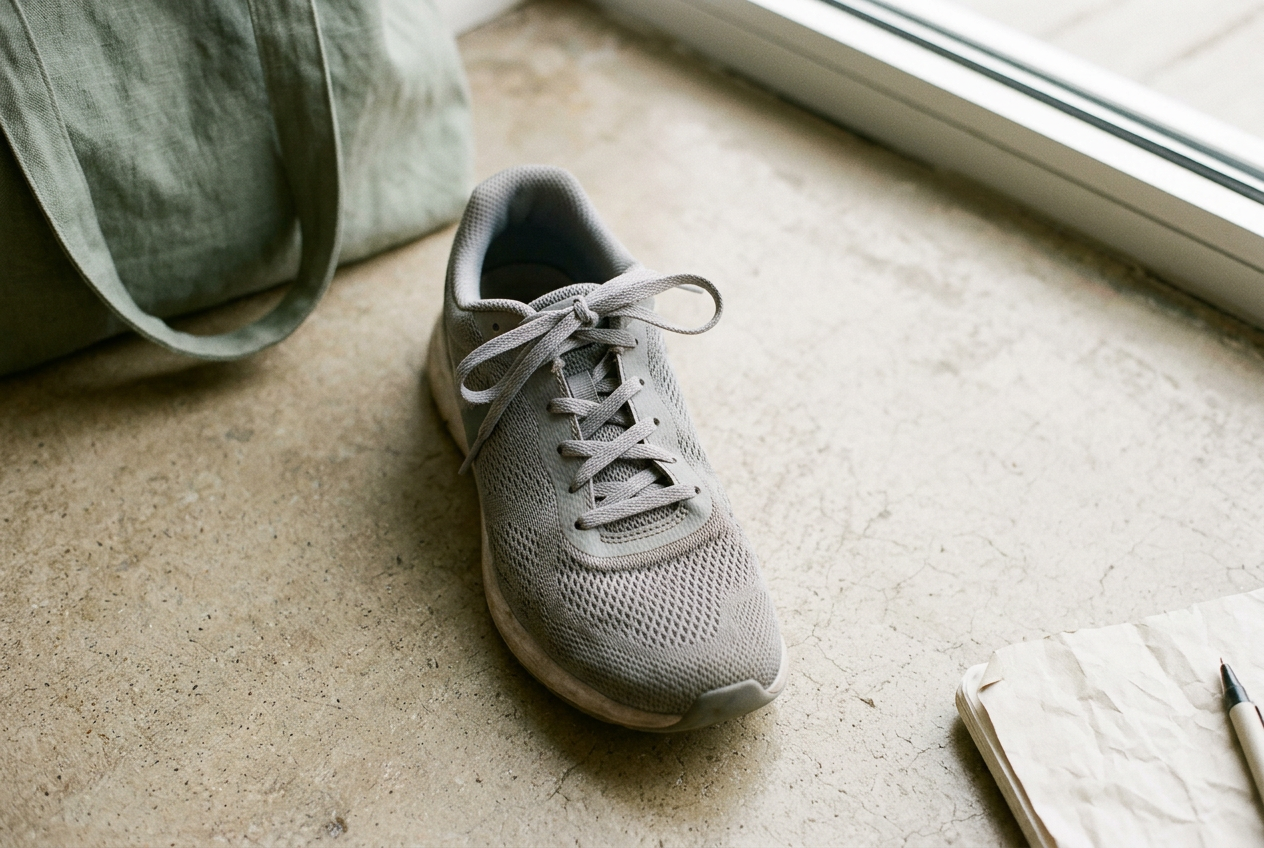 Gray mesh sneaker with a runner’s loop at the collar and one skipped lace crossing over the instep.