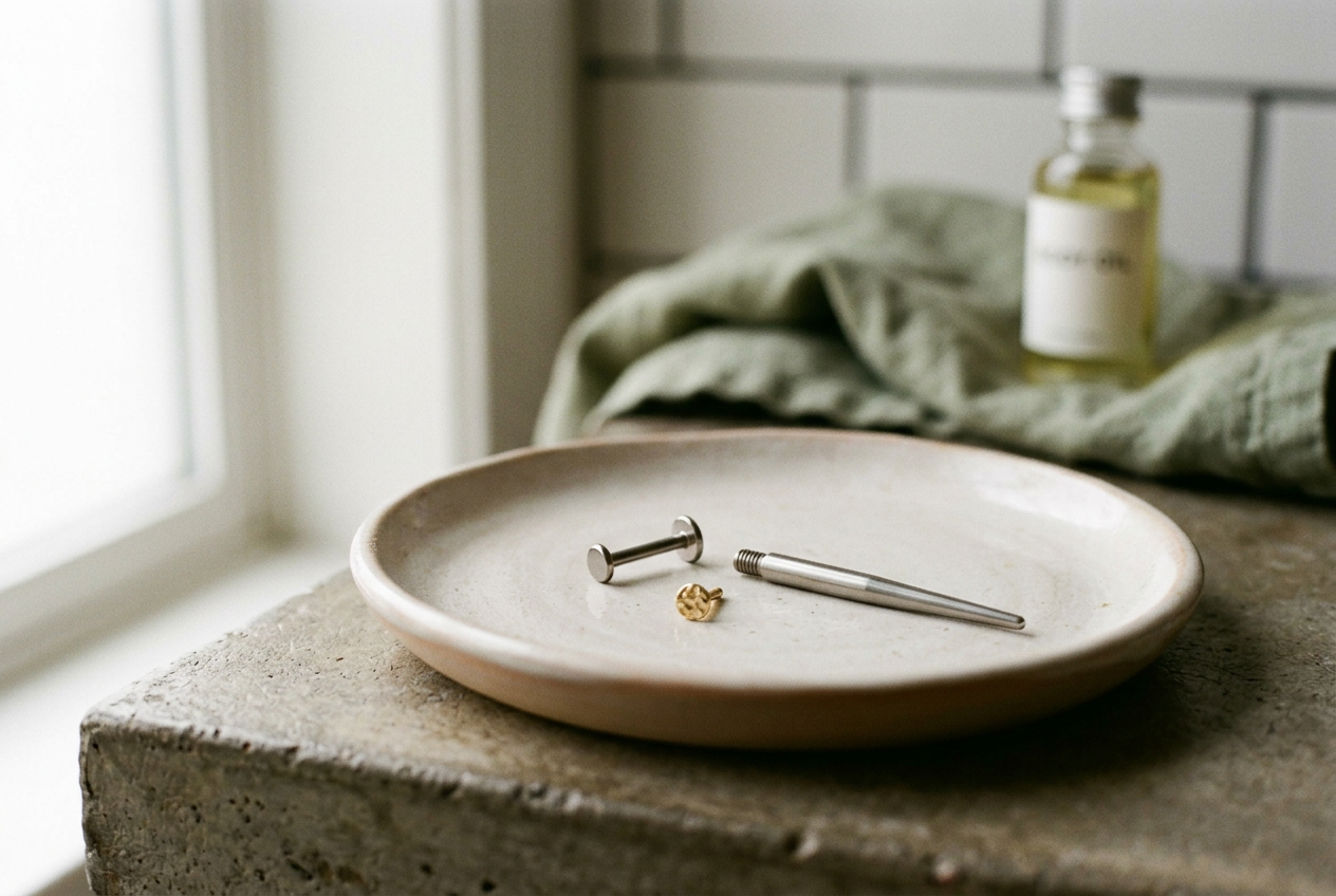 An 18-gauge titanium labret, gold threadless end and matching polished insertion taper on a clean tray.