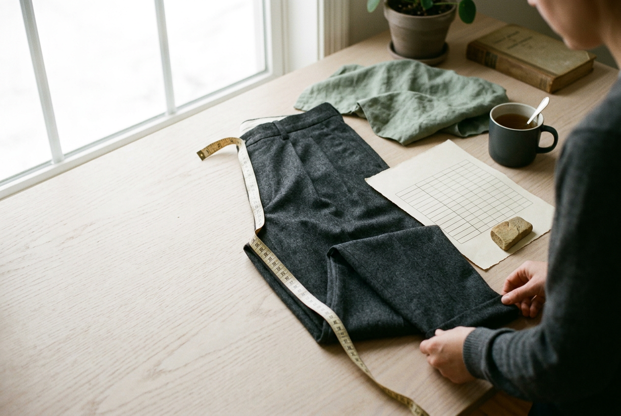 Charcoal pleated trousers laid flat beside a tape measure, with the curved front rise seam visible.
