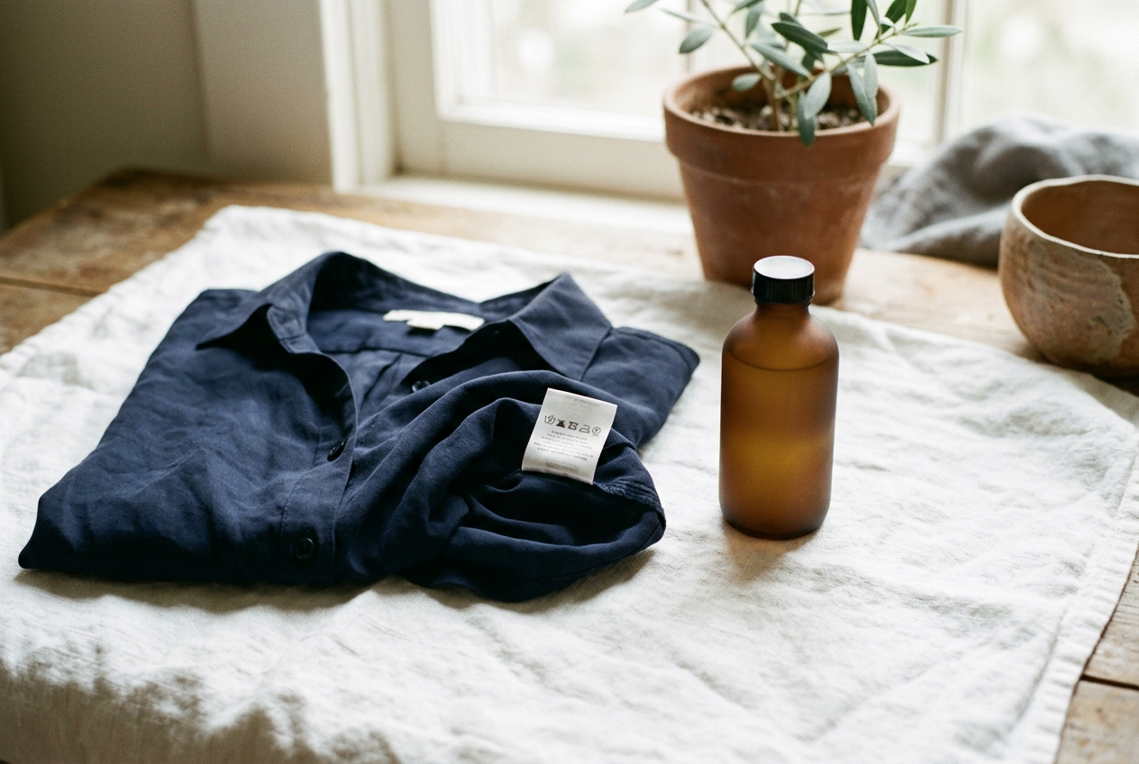 Navy silk button-front shirt beside its care label, mild detergent, white towel, and mesh laundry bag.