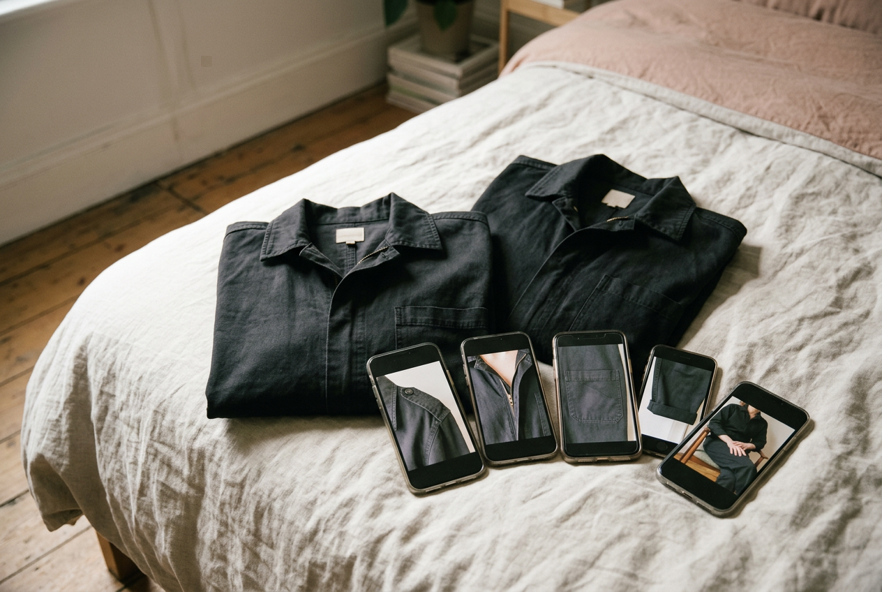 Two black cotton twill jumpsuits beside phone photos showing zipper ripples, open pockets and hem lift.