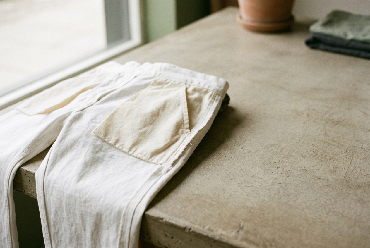 Close view of unlined white trousers showing a front pocket bag and flat underwear edge in daylight.
