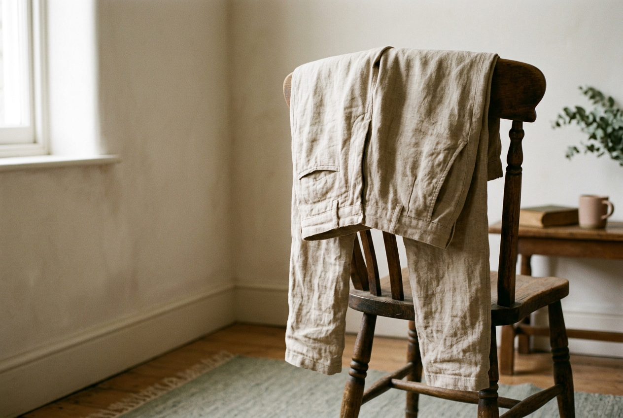 Natural linen trousers draped over a chair, with visible lap creases and softly bagged knees after sitting.