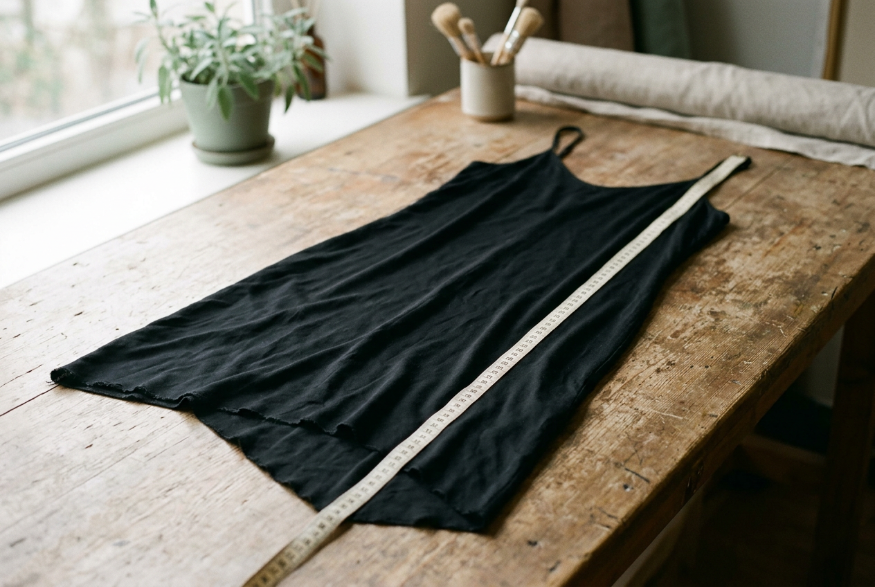A black viscose slip dress lying flat beside a tape measure, with its bias hem and side seam visible.