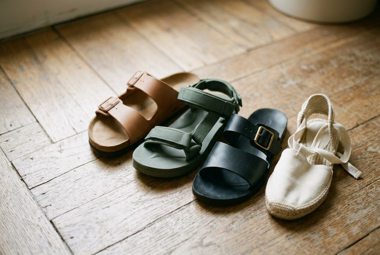 Four sandals showing forefoot buckles, hook-and-loop straps, continuous webbing and a fixed front band.