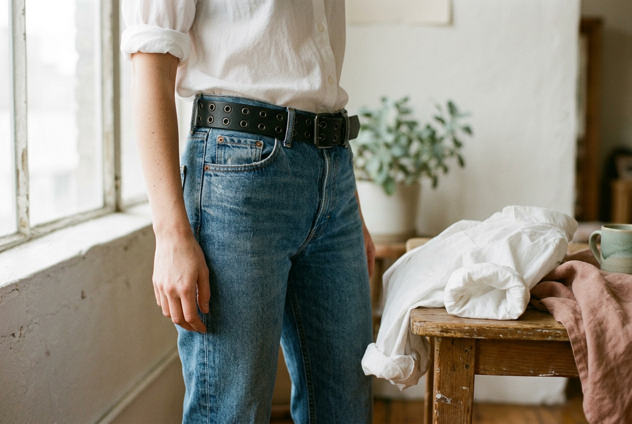 Black grommet belt caught at the narrow belt loop of straight-leg blue jeans beside a lightweight white shirt.