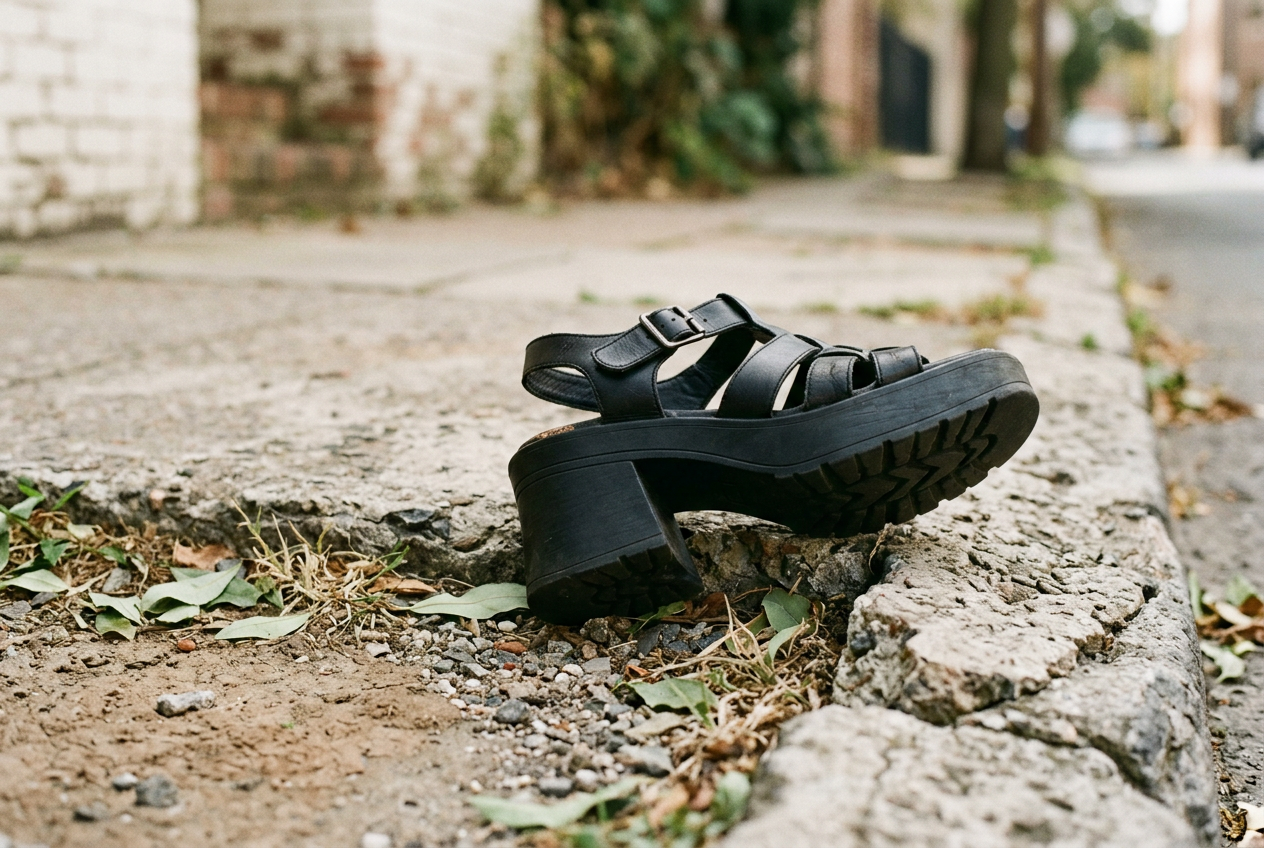 Black platform sandal placed diagonally across a low concrete sidewalk edge to show outsole contact.