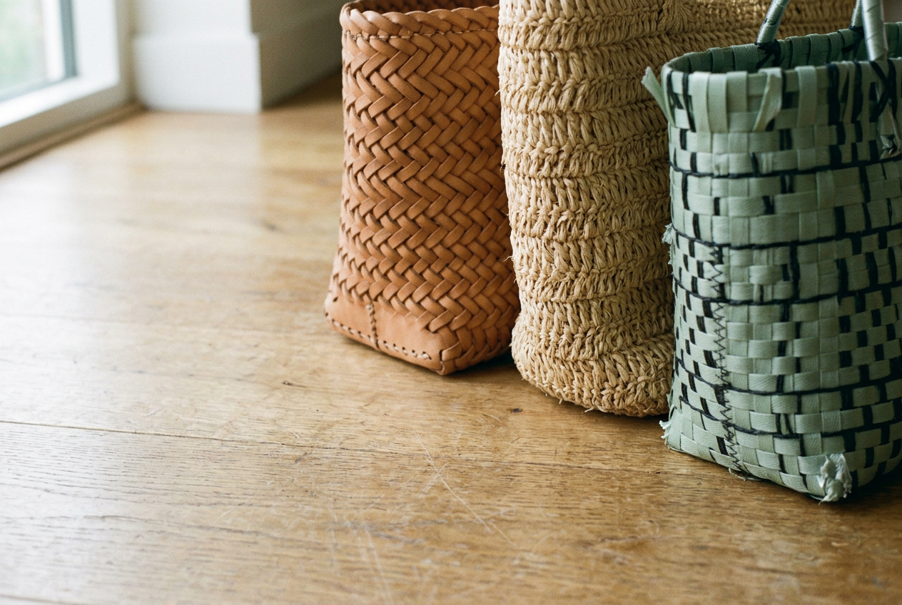 Tan leather-strip tote beside raffia and plastic woven bags, with lower corners and base seams visible.