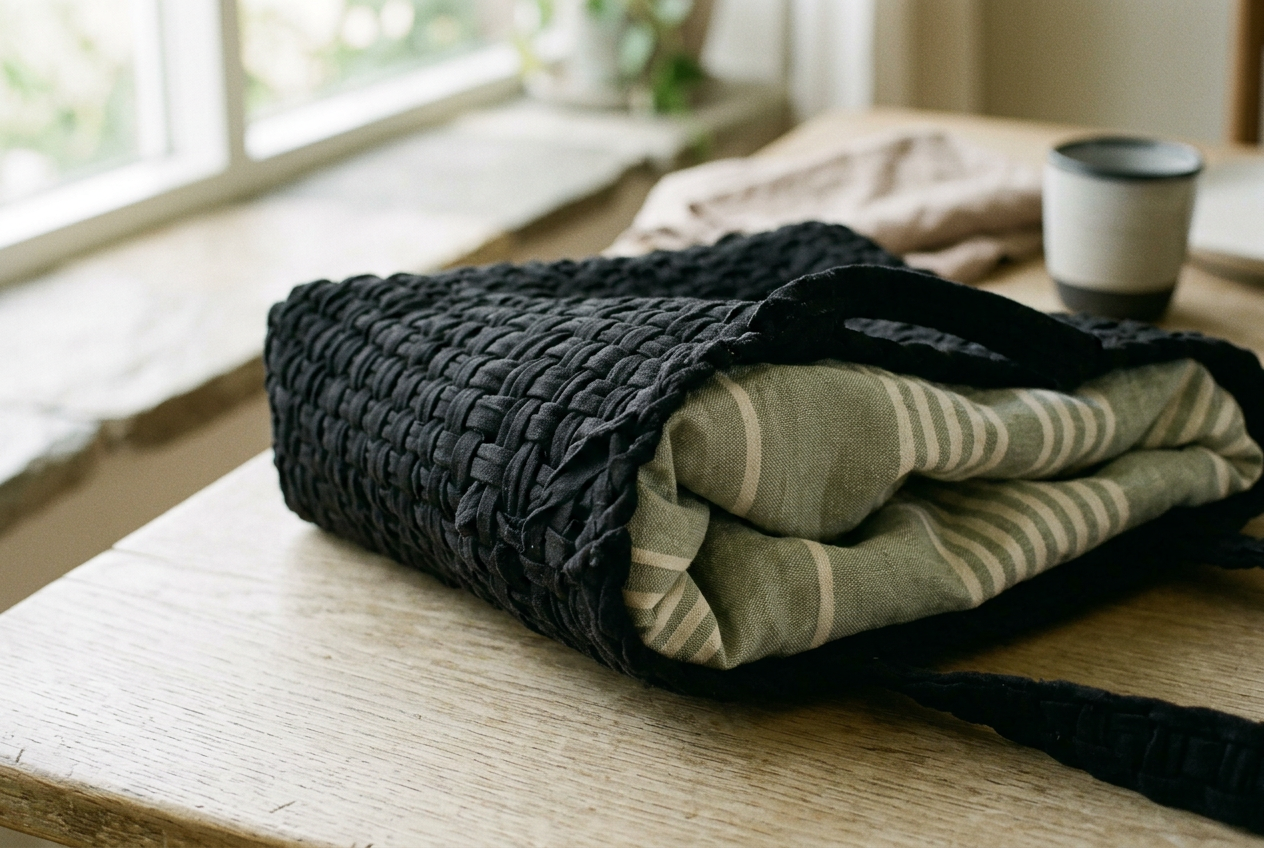 Close view of a black woven tote corner showing interlaced strips, backing and finished edges.
