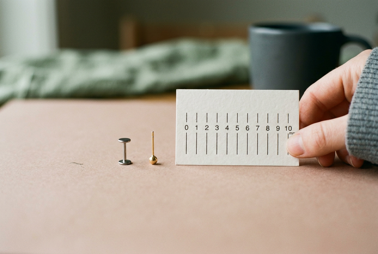 An 18-gauge gold post beside a thicker 16-gauge titanium flat-back earring on a gauge card.